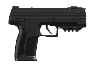 Byrna LE launcher grip texture and integrated Picatinny rail for accessories